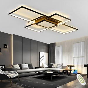 Subzonal-Luminaire Plafonnier Led Dimmable Salon Lustre Avec Telecommande, 120w Moderne Plafond Chambre Lampe, Plafonnier Rectangulaire, Bo&icirc;te De Jonction Centrale &Eacute;clairage Int&eacute;gr&eacute;, Noir, 140cm - Neuf