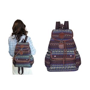 Sac &agrave; dos boh&egrave;me &agrave; rabat et cordon de serrage pour femme - Sac de voyage ext&eacute;rieur - Bleu - Neuf
