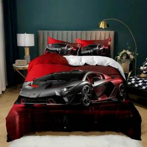 Parure De Lit Double Avec Housse De Couette Et Motif De Voiture De Course, Motif Flamme Rouge Ardente, Motif Voiture De Sport 3d, King Size, 2/3 Pieces, Housse De Couette En Polyester - Neuf