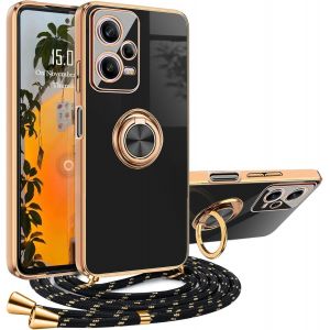 Kalanka-Coque Redmi Note 12 Pro 5g Avce Cordon,Housse Avce Anneau Redmi Note 12 Pro 5g Antichoc Magnétique Étui Avec Collier Silicone Lanyard Case Réglable Portable Protection Cover Avce Support - Neuf