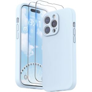 Kal-Coque Compatible Avec Iphone 14 Pro Avec Verre Trempé, Silicone Liquide Protection Individuelle Pour Chaque Objectif Épaissie Etui Pour Iphone 14 Pro 6,1 Pouces, Bleu Ciel - Neuf