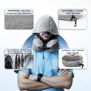 Oreiller de voyage à capuche en mousse à mémoire de forme pour soutien de la tête et du cou - Neuf