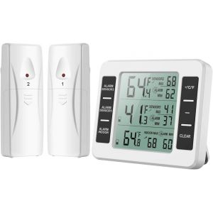 Thermomètre Frigo, Thermometre Réfrigérateur avec Alarme Congélateur, Thermomètre Intérieur Extérieur Sans Fil avec 2 Capteurs, MIN/MAX et Alarme Température, Thermomètre Connecté pour Maison - Neuf