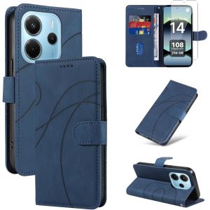 ELVORIX-Coque Compatible avec Xiaomi Redmi Note 14 4G EU Version (Pas pour 5G) avec 1 Pi&egrave;ce Protection &Eacute;cran en Verre Tremp&eacute;, Housse PU Cuir &agrave; Rabat Flip, &Eacute;tui Portefeuille et Support Fonction (Bleu) - Neuf