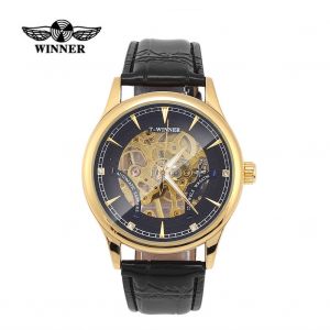 Montre-Bracelet Mecanique A Remontage Manuel Pour Homme Winner, Bracelet En Pu Creux (Boitier Dore Et Bracelet Noir) - Neuf