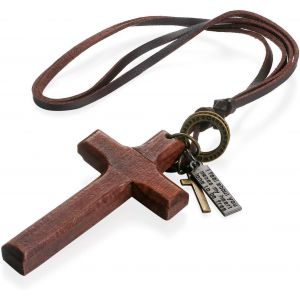 Eryi-Collier Cuir Pendnetif Croix En Bois Alliage Plaqué Gravé Pour Femme Homme Collier Réglable Boême Religieux Cadeaux Anniversaire - Neuf