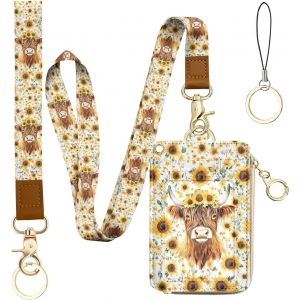 CAUC-Bolimoss Portefeuille &agrave; lani&egrave;re imprim&eacute; vache des Highlands u2013 Porte-badge mignon avec cou et poignet, &eacute;tui &agrave; fermeture &eacute;clair en cuir synth&eacute;tique avec porte-cl&eacute;s d&eacute;tachable - Neuf