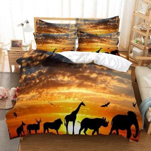 Housse De Couette X Cm + Taie D'oreiller X Cm Pour Personnes, Animaux D'afrique, Parure De Lit En Microfibre Avez Fermeture &iquest;&iquest;Clair - Neuf