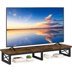 SUBZONAL-Meuble TV pour T&eacute;l&eacute;vision jusqu'&agrave; 60 Pouces,Support TV Court de Table,Support T&eacute;l&eacute; avec 2 &eacute;tag&egrave;res Banc,Bureau Double &eacute;cran,Salon, Chambre, Cadre en Acier,Brun Rustique TVT002H - Neuf