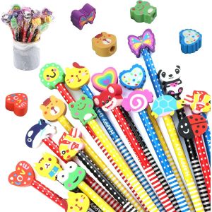 50pcs Cute Crayons De Bois Avec Des Caoutchoucs Crayon De Dessin Anim&eacute; Pour Enfants, F&ecirc;tes De Fin D'ann&eacute;e,Sacs De F&ecirc;te, Cadeau D'anniversaire Parfait Pour No&euml;l - Neuf