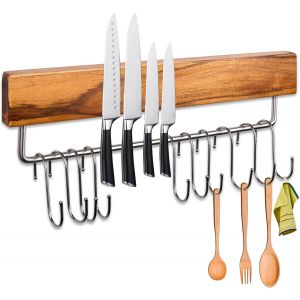 Barre Magn&eacute;tique Universelle En Bois 43 Cm-Support &Agrave; Couteaux Avec 10 Porte-Accessoires,Syst&egrave;me Auto-Adh&eacute;sif Haute R&eacute;sistance Pour Organisation De Cuisine - Neuf