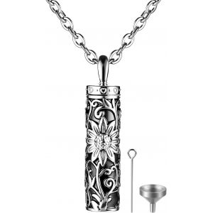 Kal-Collier Cendres Acier Inoxydable: Collier Unisexe Pendentif Tournesol Colonne Cylindrique Memorial Urne Pour Chat Et Chien M&eacute;daillon Cr&eacute;mation Bijoux Comm&eacute;moratif Pour Fun&eacute;railles Amulette - Neuf