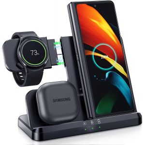 Station de charge inductive 3 en 1 pour Samsung Galaxy Watch 8/7/6/5/5 Pro/4, chargeur pour Samsung S25 Ultra S24 S23 S22 S21 Z Flip Z Fold 7 6 5 Galaxy Buds, pas d'adaptateur - Neuf