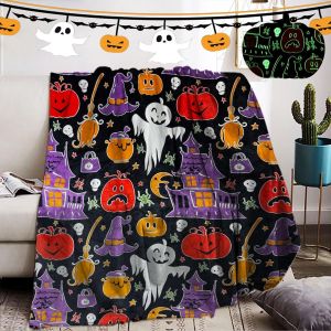 Ytfhg-Couverture Douillette Halloween S'illumine Dans Le Noir, Citrouille Orange/Chauve-Souris Effrayante Impression Couverture S'illumine Dans Le Noir, Couverture De Canapé (B, 130x150cm) - Neuf