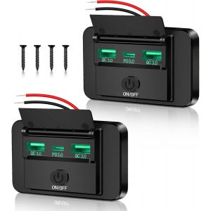 Chargeur De Voiture 12 V - Double Qc3.0 - Usb A Et Usb C - Lumière Verte - Avec Interrupteur - Pr Encastrable - Étanche - Adaptateur De Charge Rapide Pour Caravane, Voiture, Moto, Camion - Neuf