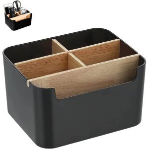 Organiseur de bureau en bois,organisateur de bureau,organisateur de table en bambou,bureau porte-stylos,5 compartiments,adapté aux bureaux,salons et chambres (noir) - Neuf