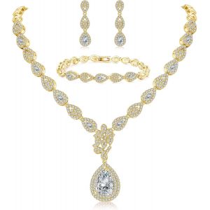 Meimie-Femme Parure Demariage Avec Zircon Cubique Blanc,Boucles D'oreilles+Collier+Bracelet Hypoallergéniques,Pendentif En Forme De Goutte D'eau,Ensemble De Bijoux Pourmariée Fiançée Epouse - Neuf