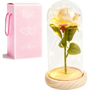 La Belle et la B&ecirc;te Rose &eacute;ternelle u2013 Cadeau de fleurs pour femmes, rose sous cloche en verre avec LED et support en bois pour m&egrave;re, &eacute;pouse ou amie pour No&euml;l, Saint-Valentin ou anniversaires - Or - Neuf