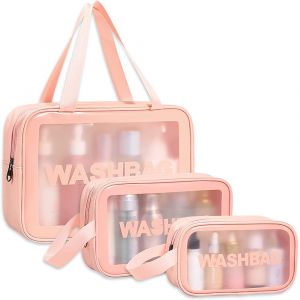 Lot de 3 trousses de toilette de voyage en PVC rose pour maquillage - Grande, moyenne et petite tailles - Neuf