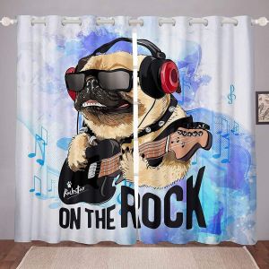 Rideaux De Fenetre Rock Roll Chien Avec Casque Jouant De La Guitare Rideaux De Fenetre Pour Salon Rideau A ?Illets Sur Le Theme De La Musique Rideaux En Tissu Microfibre - Neuf