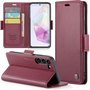 Kal-Coque Pour Samsung Galaxy A35+ 2 Pièces Verre Trempé,Antivol,Prend En Charge Le Chargement Sans Fil, Pochette Fermeture Magnétique Flip Case-Bourgogne - Neuf