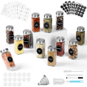 12 Pièces Pots À Épices Carrés En Verre-120ml Boite A Epices Cuisine Rangement-Bocaux À Épices Avec Couvercles En Acier-Livré Avec Étiquettes,Brosser,Entonnoir - Neuf