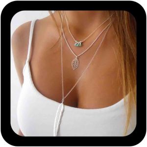 Kales-Bohème Minuscule Turquoise Perle Collier Couches Feuille Creuse Collier Ras Du Cou Argent Plume Pendentif Collier Chaîne Long Colliers Bijoux Pour Femmes Et Filles - Neuf
