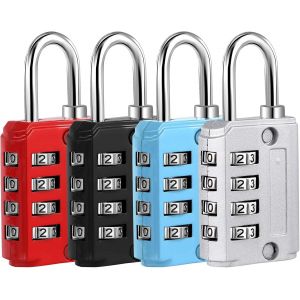 KALANKA-Lot de 4 Cadenas Code 4 Chiffres, Cadenas Valise Avion Petit Cadenas a Code College M&eacute;tal pour Casier Bagage Gym (Argent Noir Bleu Rouge) - Neuf