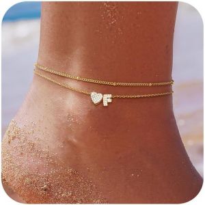 Eryi-Bracelet Cheville Femme Initiales À C?ur Bracelets De Cheville14k Gold Double Chaînes Imperméable Réglable Avec Zircones Chaine De Cheville Ensemble Pour Femmes Été Bijoux Fête Sur La Plage - Neuf