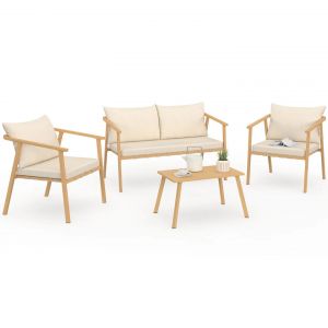 Salon De Jardin Bas Malta 4 Places Structure En M&eacute;tal Effet Bois, Lani&egrave;res Et Coussins Beiges - Neuf