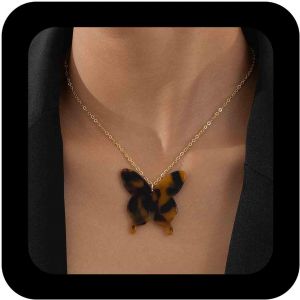 Kal-Collier Acrylique Imprimé Léopard Grand Collier Papillon Acrylique Collier Pendentif Papillon Marron Collier Ras Du Cou Papillon En Résine Bijoux Pour Femmes - Neuf