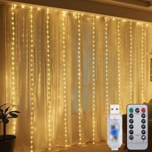 KAL-Rideau Lumineux À 300 Led - 3 X 3 M - 8 Modes - Avec Minuterie - Étanche - Usb - Pour Noël, Mariage, Fête, Terrasse - Blanc Chaud - Neuf