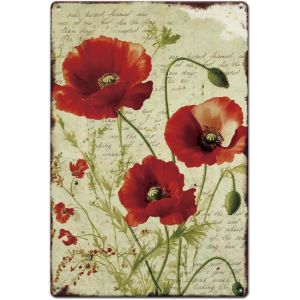 KALANKA-Plaque Metal Vintage Coquelicot Rouge Panneau en M&eacute;tal Floral Panneau en M&eacute;tal &agrave; Th&egrave;me Botanique Plaque Murale Decorative Art Mural de Fleurs de Bar Maison Homme Panneau Decoratif Exterieur - Neuf