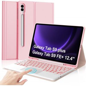 Coque Clavier Pour Samsung Galaxy Tab S9 Fe Plus/S9 Plus 12.4"" 2023, Étui Keyboard 7 Couleurs Rétroéclairées Azerty Layout Bluetooth Amovible Avec Pavé Tactile Avec Porte Crayon, Rose - Neuf