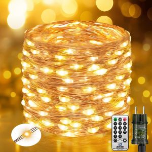 Guirlande Lumineuse Exterieure Avec T&eacute;l&eacute;commande, 10m 100 Led Guirlande Int&eacute;rieur Avec Minuterie Ip65 &Eacute;tanche, 8 Modes Cuivre Fil Fairy Lights Pour Chambre Noel Mariage F&ecirc;te, Blanc Chaud - Neuf