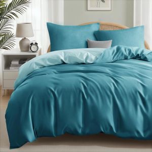 Ulteronixshop-Housse De Couette 220x240cm Avec 2 Taies D'oreillers 80x80cm - Parure De Lit Pour 2 Personnes En Microfibre, R&eacute;versible, Doux Et Confortable, Bleu Canard - Neuf