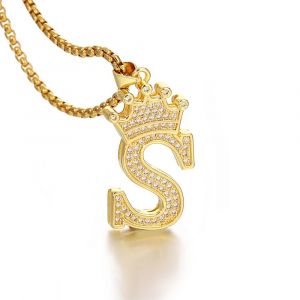26 Lettres A-Z Zircon Couronne Initiale Alphabet Pendentif Collier Pour Femmes Hommes De Luxe Plaqu&eacute; Or Cuivre Colliers Bijoux Cadeaux--S - Neuf