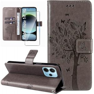 KAL-Coque Pour Xiaomi Redmi Note 14 4G Etui Portefeuille Cuir Avec Verre Tremp&eacute; Motif Porte Carte &Agrave; Rabat Clapet Housse Protection Flip Case &Eacute;tui Coque Pour Xiaomi Redmi Note 14 4G-Gris - Neuf