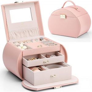 Jexnovashop-Bo&icirc;te &Agrave; Bijoux, Coffret &Agrave; Bijoux Avec 3 Niveaux, Rangement Pour Colliers, Bagues, Montres, Avec Miroir Et Poign&eacute;e, Carte De Voeux, Cadeaux Pour Les Filles Et Les Femmes (Rosa) - Neuf