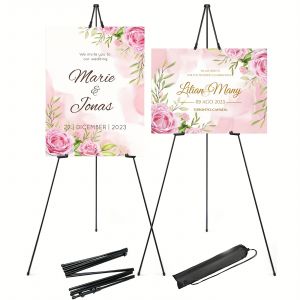 Chevalet d'affichage r&eacute;glable et r&eacute;tractable pour mariages - Tr&eacute;pied pliant en m&eacute;tal robuste, support d'artiste portable avec articulations &agrave; ressort, pliage rapide pour affichage au sol, enseigne, poster, peinture - Neuf
