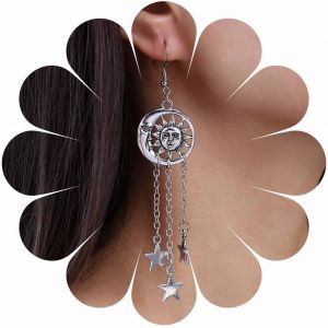 Kal-Boucles D'oreilles Boho Étoile Solaire Boucles D'oreilles Étoile Argentée Boucles D'oreilles Chaîne À Pompons Boucles D'oreilles Soleil Lune Boucles D'oreilles Tournesol Vintage Bijoux Pour - Neuf