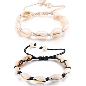 Pack Naturelles Perles En Coquillage Réglable Bracelet De Cheville Bracelet Pour Hommes Femmes (Blanc, Noir), Diamètre 19-32cm, Personnalité Sobre Et Rétro Shell Tressé Stretch Bracelet De Cheville - Neuf