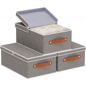 Tianyi-3 Pièces Panier Rangement Dressing, Boite En Tissu Pliable Avec Couvercle Amovible Et 2 Poignée, Casier Vetement Pour Organiser Des Étagères, Des Placards, 33x23x14cm, Gris - Neuf
