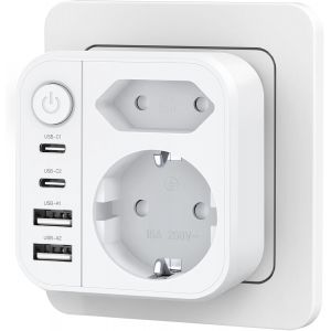 Prise Multiple 6-en-1, Multiprise avec 2 Ports USB A & USB C, Prise Murale avec Interrupteur (4000W/16A), Double Prise pour Maison/Bureau/Voyage - Neuf