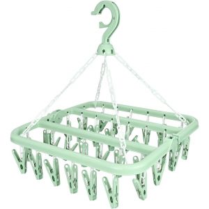 Séchoir à chaussettes, séchoir à linge suspendu avec 32 pinces coupe-vent, séchoir à chaussettes pliable pour chaussettes, sous-vêtements, vêtements de bébé, serviettes (vert) - Neuf