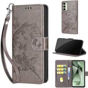 SATURCASE Coque pour Samsung Galaxy S24 FE, Fleurs PU Cuir Magnétique Flip Portefeuille Support Porte-carte Dragonne Protecteur Housse Étui pour Samsung Galaxy S24 FE (FB-Gris) - Neuf