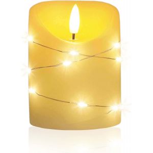 JGD-- Bougie LED Cynthia 10 cm, bougie en cire v&eacute;ritable envelopp&eacute;e d'une guirlande lumineuse LED, couleur cr&egrave;me, lumi&egrave;re blanche chaude, minuterie 5 h, fonctionne avec 2 piles AA (non - Neuf