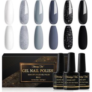 Vernis Semi Permanent, 6 Couleurs Gris Noir Blanc Paillettes Vernis À Ongles Gel Soak Off Uv/Led Semi-Permanent Manucure Kit Pour Salon De Manucure Diy Home, 8ml - Neuf