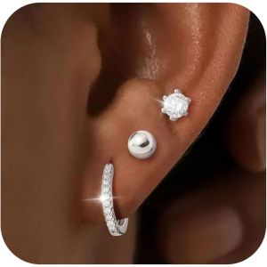 Kal-Paires Boucles D'oreilles Pour Femme Argent 925 Plaqu&eacute; Or 14 Carats Petite Cr&eacute;oles Clous Boucle D'oreille Lot Hypoallerg&eacute;nique Bijoux Plusieurs Piercing Oreille Tragus Cartilage Femme Fille - Neuf