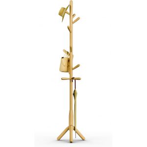 Porte-manteau en bois massif, autoportant en forme d'arbre avec 11 crochets,(+2 de rechange) m&acirc;t principal de 40mm de diam&egrave;tre (Trois pattes, Couleur bois naturel) - Neuf